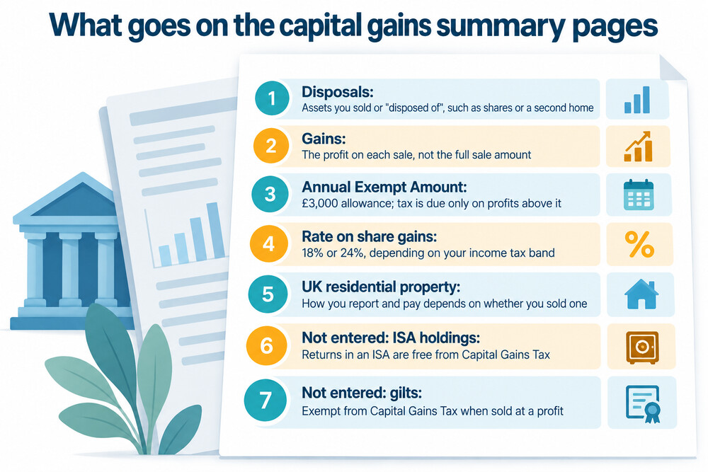 A screenshot-style illustration of the Capital Gains Tax summary pages of a Self Assessment tax return, showing where gains and losses are entered