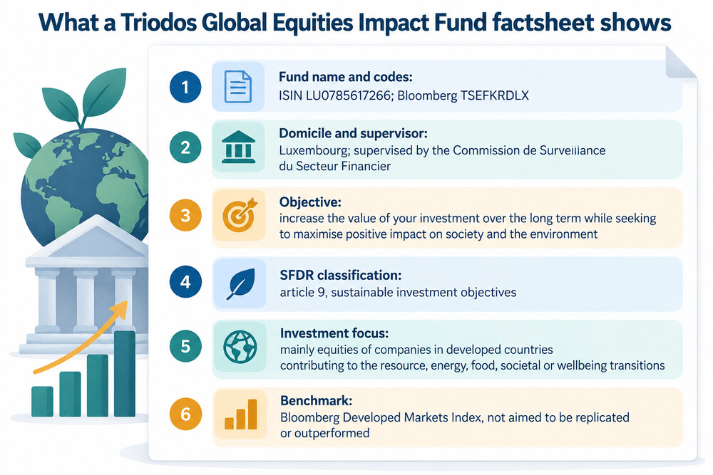 A fund factsheet showing the fund's objective, holdings and charges