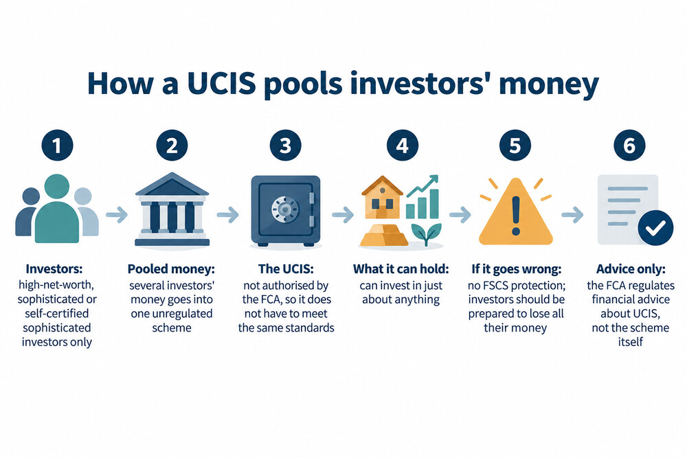 A simple diagram showing money from several investors pooled into one unregulated scheme