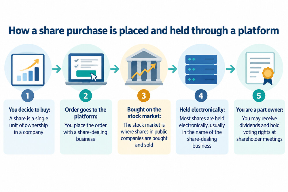 A diagram showing the steps of a share deal, from placing an order to settlement on the company register