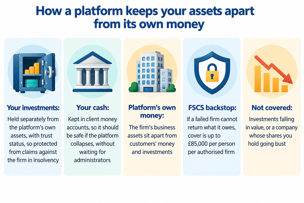A diagram showing client investments and cash held in a separate ring-fenced pot, apart from the platform's own business money