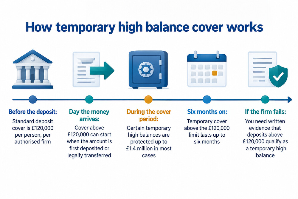 A timeline showing a large deposit arriving, six months of temporary high balance protection above £120,000, and the balance reverting to the standard limit