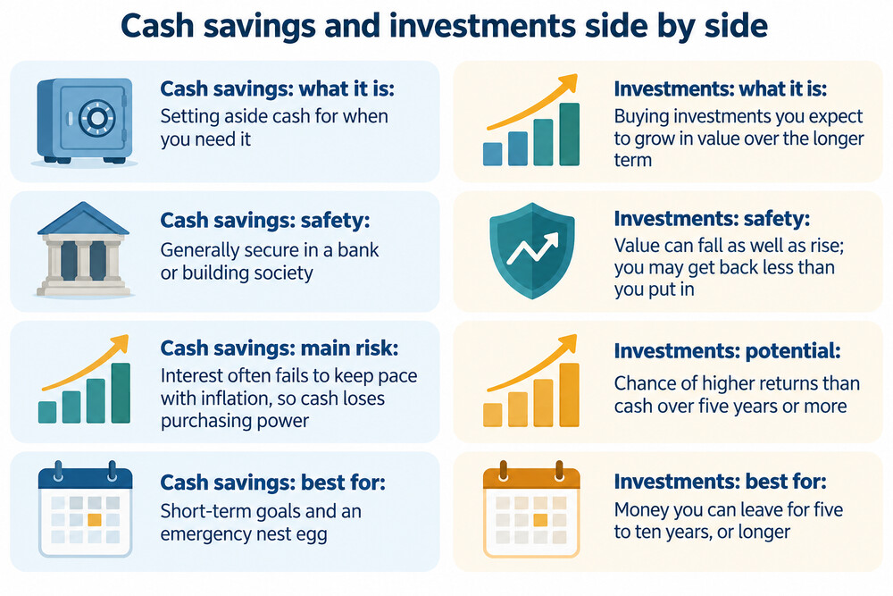 Two labelled jars side by side, one holding coins for short-term savings and one holding a rising chart for long-term investing