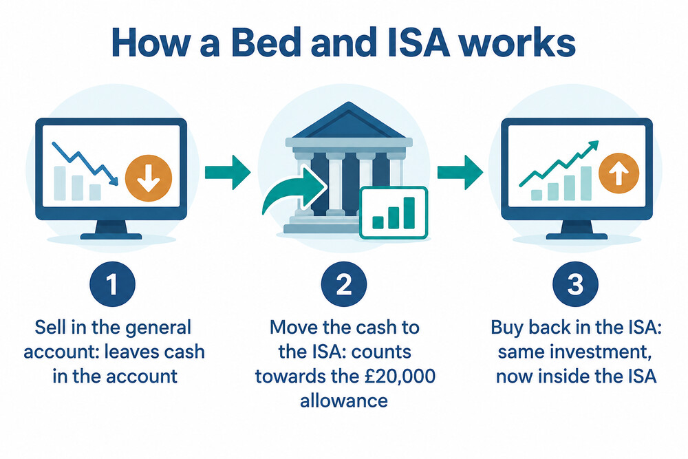 Flow showing investments sold in a general account, cash moved into an ISA and the same investments bought back