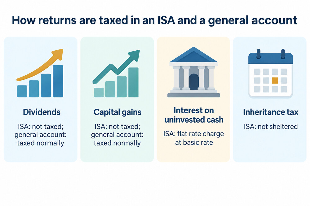 Chart showing dividends, gains and cash interest and how each is taxed in an ISA and in a general account
