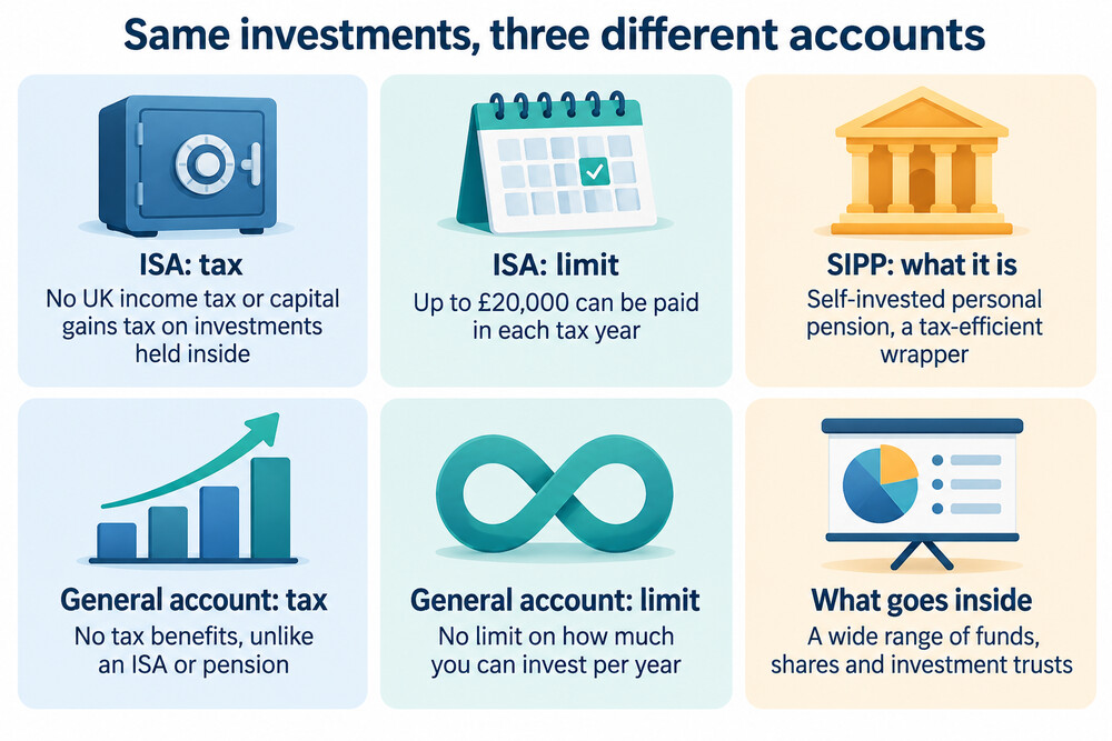 A simple diagram showing the same basket of investments sitting inside three different account wrappers: an ISA, a SIPP and a general investment account