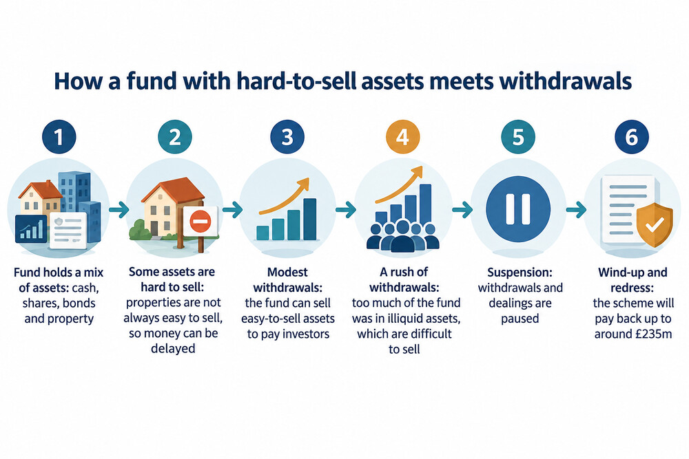 A simple diagram showing how a fund holds a mix of easy-to-sell and hard-to-sell assets, and what happens when many investors withdraw at once