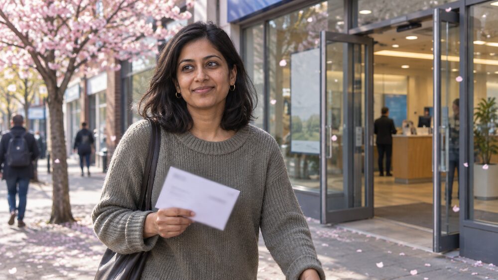 A woman walks past a building society branch holding a letter under a blossoming tree.