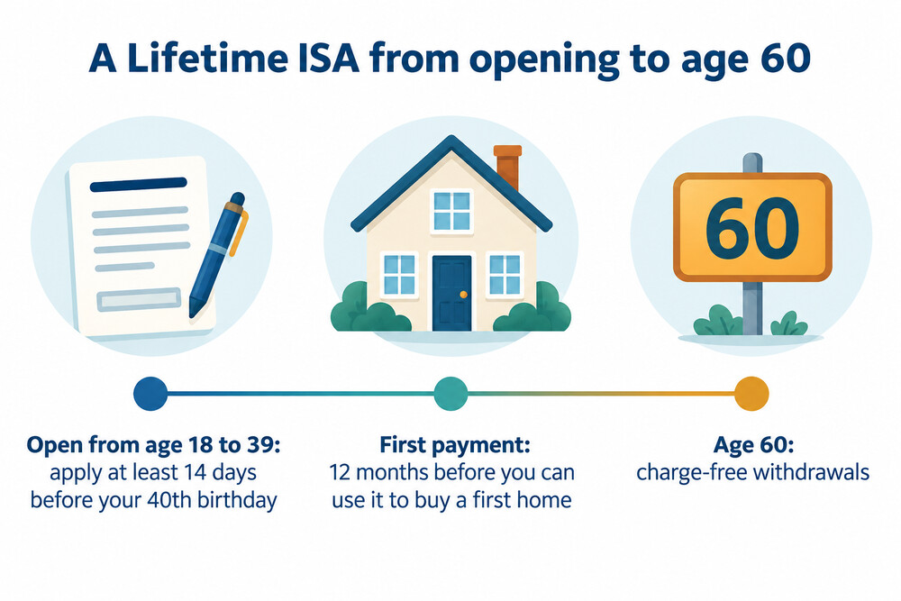 A simple timeline showing a Lifetime ISA from opening to age 60