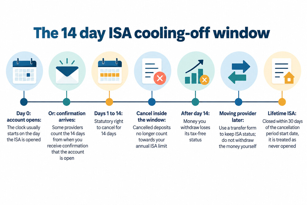 A calendar page showing a 14-day window marked from the date an ISA account is opened