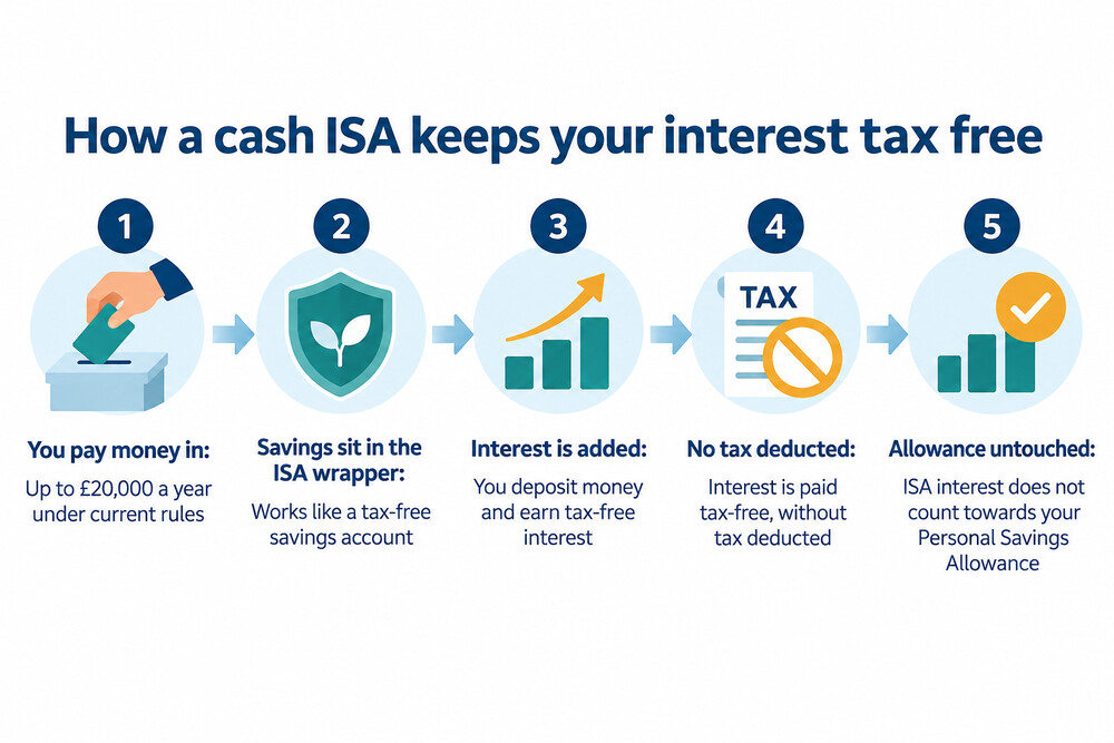 A diagram showing a cash savings account sitting inside an ISA wrapper, with interest paid into the wrapper free of tax