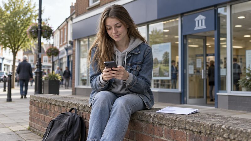 A young person checking a savings account on a phone, with a Junior ISA statement beside them