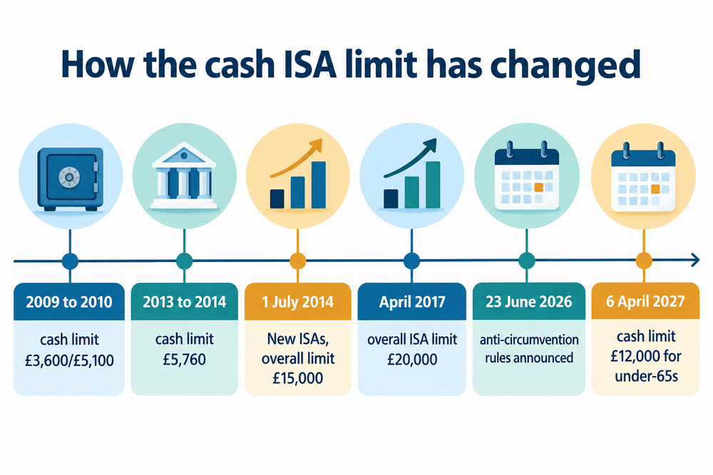 A timeline of the cash ISA limit from separate cash limits to the April 2027 change