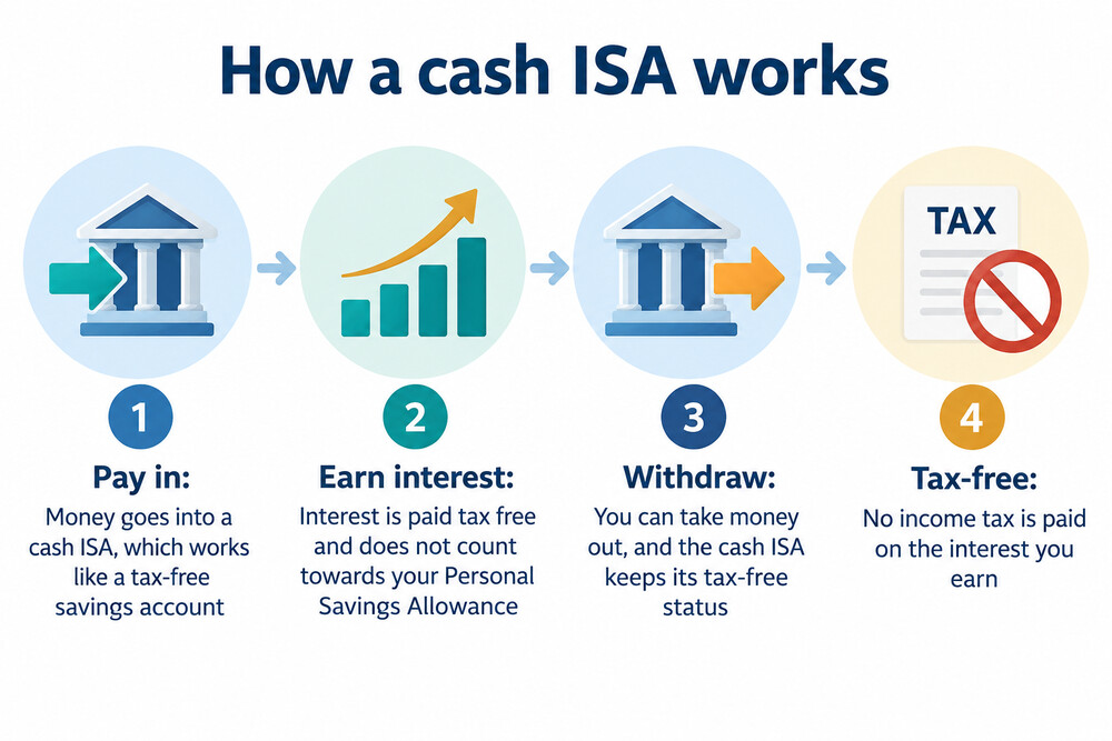 A simple diagram showing money going into a cash ISA, earning tax-free interest, and being withdrawn without losing tax-free status
