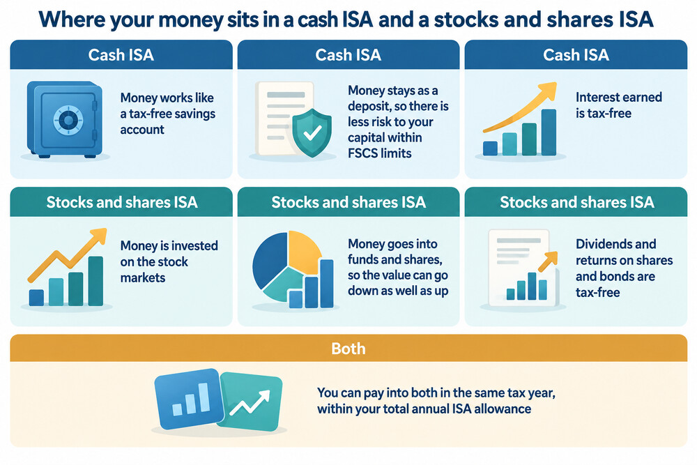 A simple side-by-side showing money paid into a cash ISA staying as a deposit, and money paid into a stocks and shares ISA being invested in funds and shares