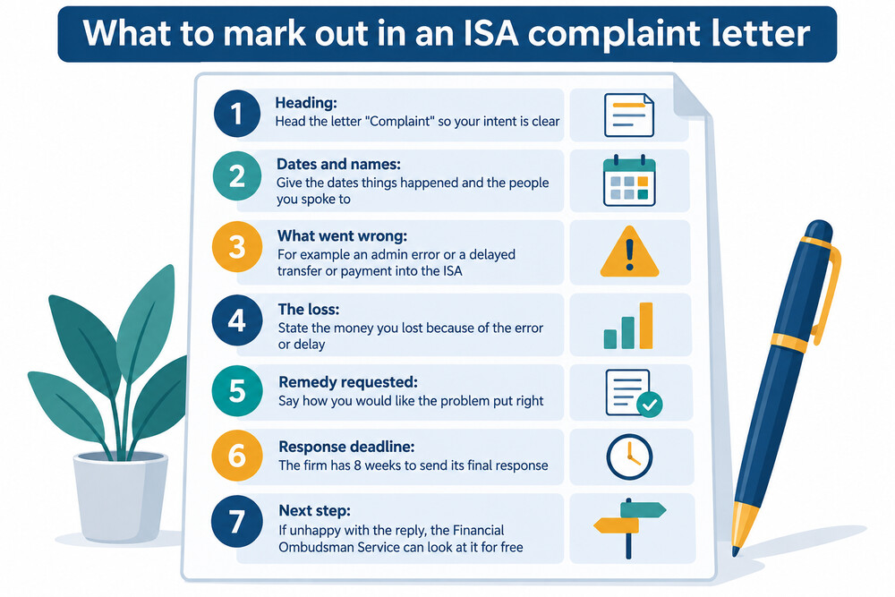 An example of a written complaint letter to an ISA provider, showing the account details, what went wrong and the outcome being asked for