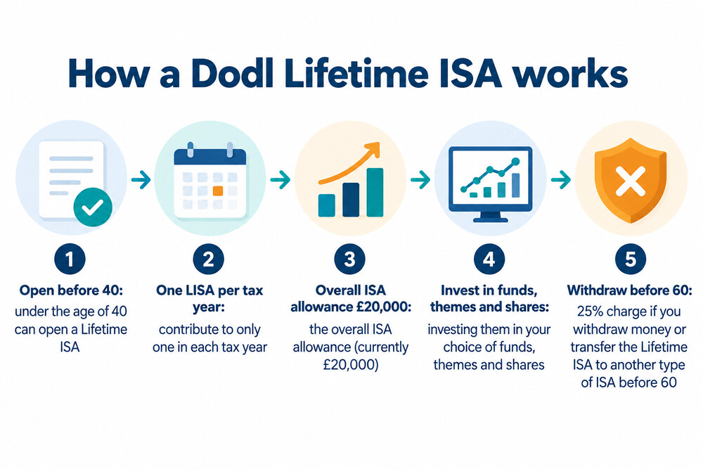 A phone screen showing the Dodl app with a Lifetime ISA account open and a simple list of funds and shares