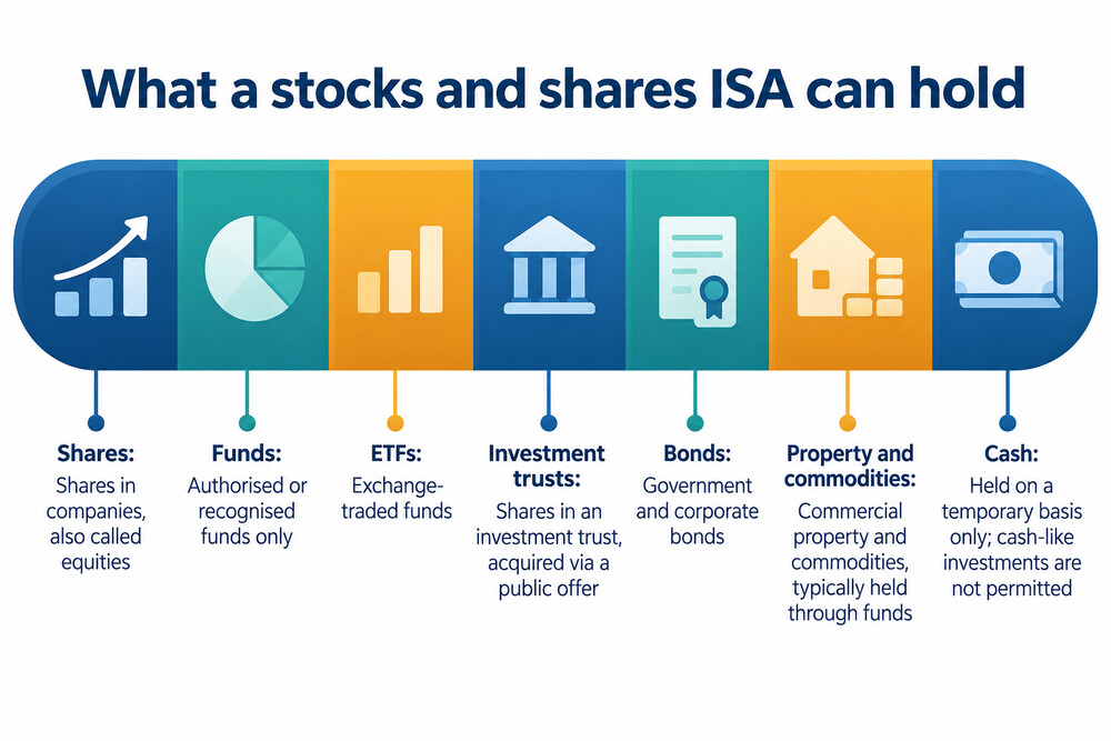 A simple diagram showing the main types of investment that can sit inside a stocks and shares ISA