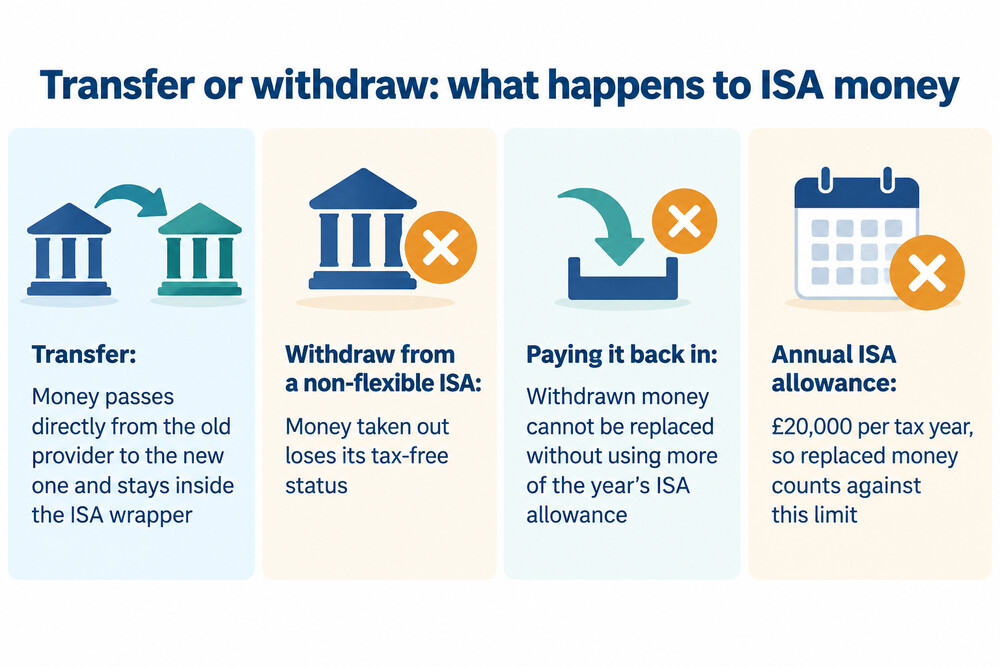A completed ISA transfer form on a desk, showing the sections for the old provider, the new provider and the amount to move