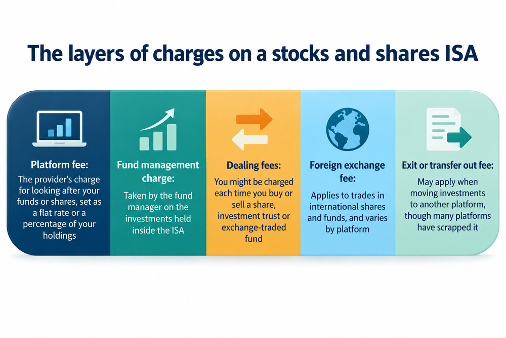 A stacked illustration showing the separate layers of charges on a stocks and shares ISA, from platform fee at the top to dealing and transfer fees underneath