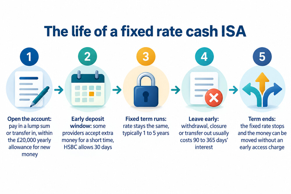 The stages of a fixed rate cash ISA from opening to the end of the term, and where charges can apply