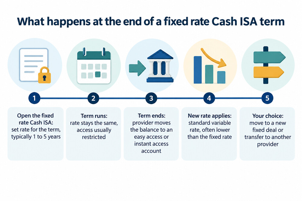 A timeline showing a fixed rate Cash ISA term ending and the balance moving to an easy access account
