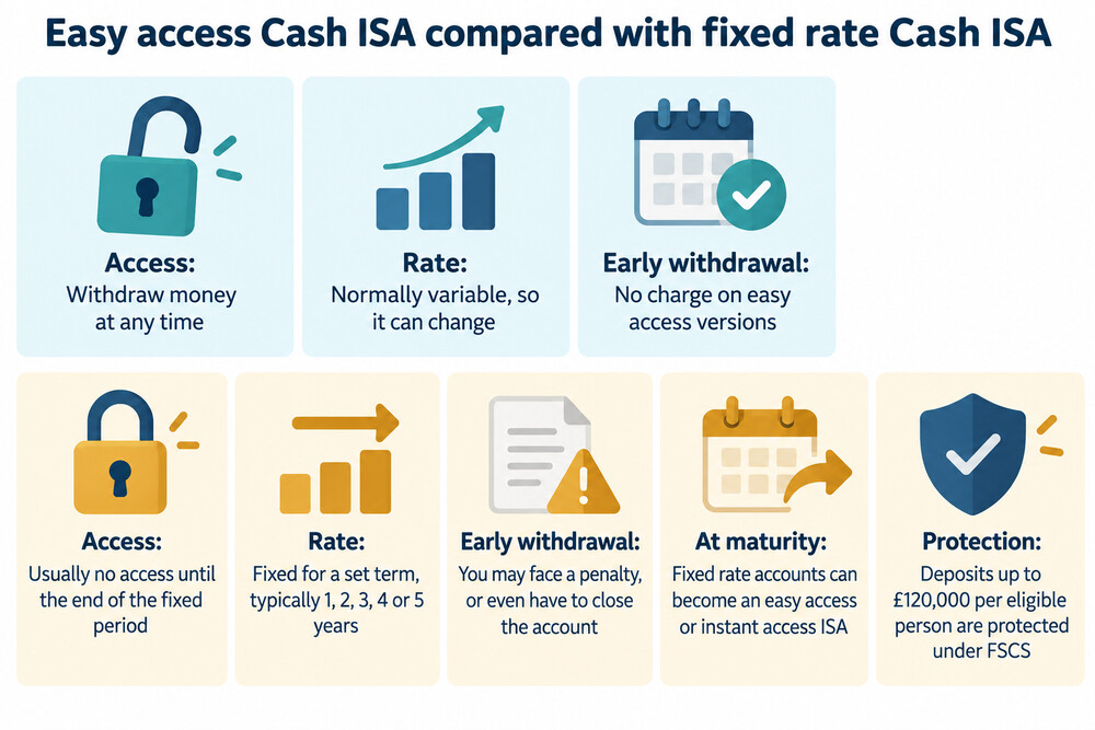 A simple side by side comparison of an easy access Cash ISA and a fixed rate Cash ISA