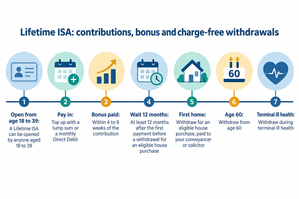 A simple timeline showing a Lifetime ISA contribution, the bonus arriving weeks later, and the points at which money can be taken out charge-free