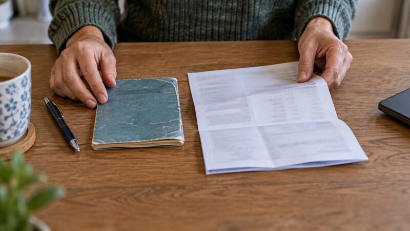 Hands lay a savings passbook and a folded statement side by side on a table with a pen.