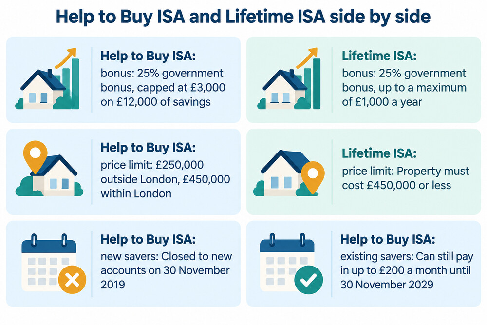 A side-by-side comparison card showing the key differences between the Help to Buy ISA and the Lifetime ISA
