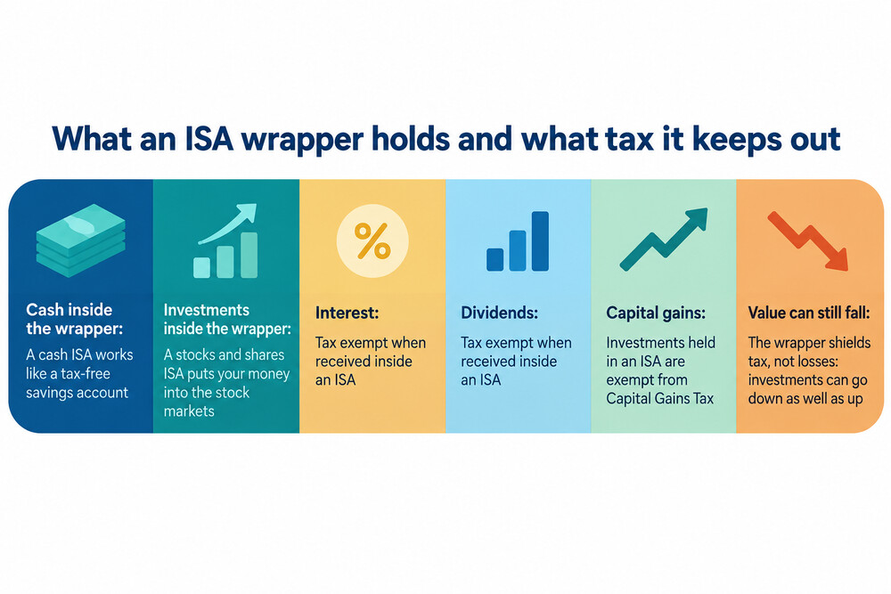 A diagram showing money placed inside an ISA wrapper, with interest, dividends and gains passing out to the saver without tax being deducted