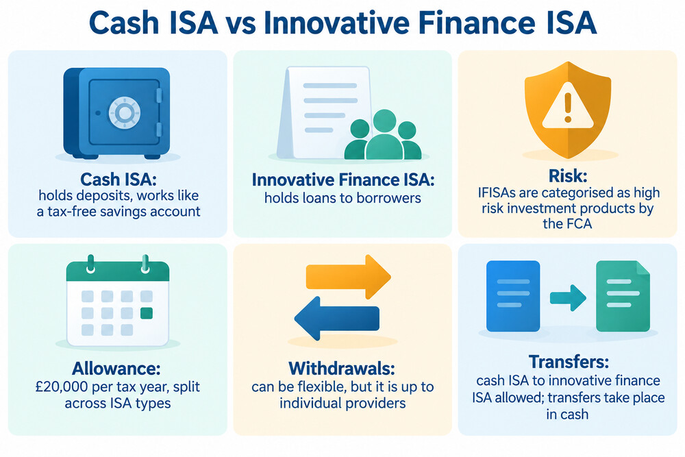 A side-by-side illustration of a cash ISA holding deposits and an Innovative Finance ISA holding loans to borrowers