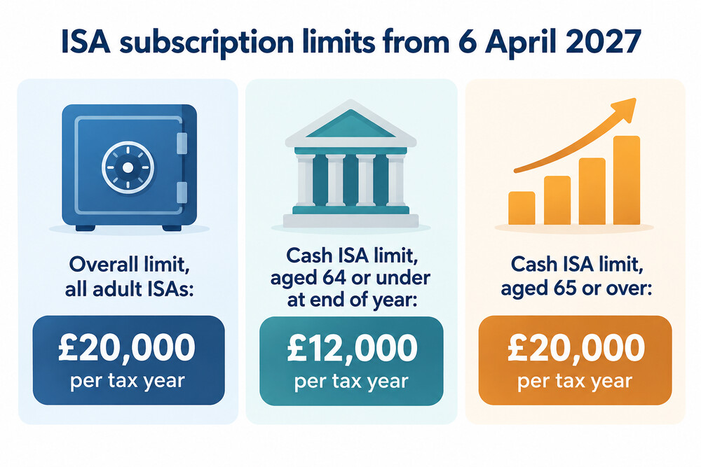 Chart comparing the cash ISA limit for under-65s and over-65s within the £20,000 overall ISA limit
