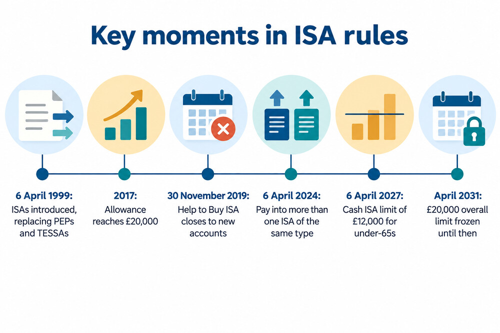 A timeline of key ISA rule changes from 1999 to the planned 2027 cash limit and the freeze to 2031
