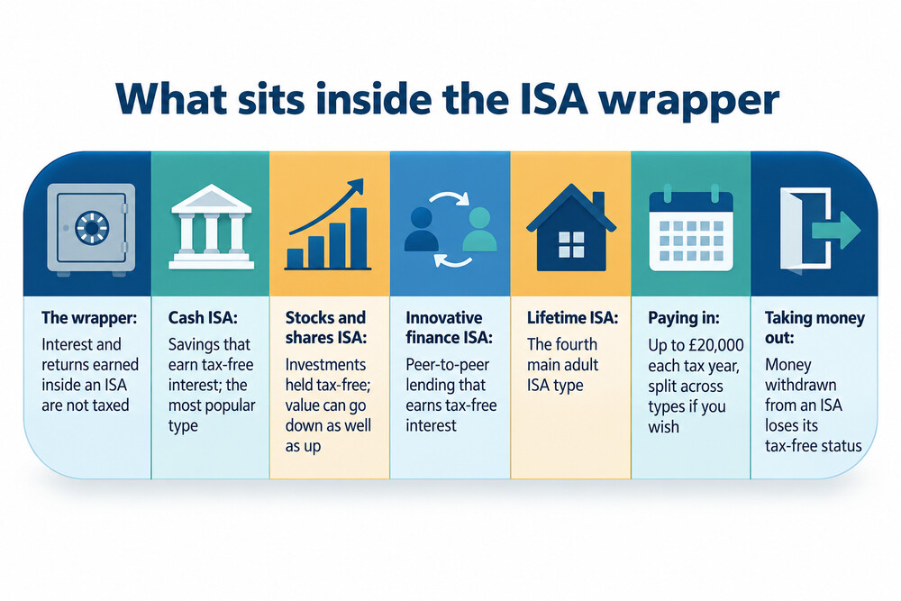 A diagram showing money sitting inside a tax-free wrapper, with interest, dividends and growth accumulating inside without being taxed