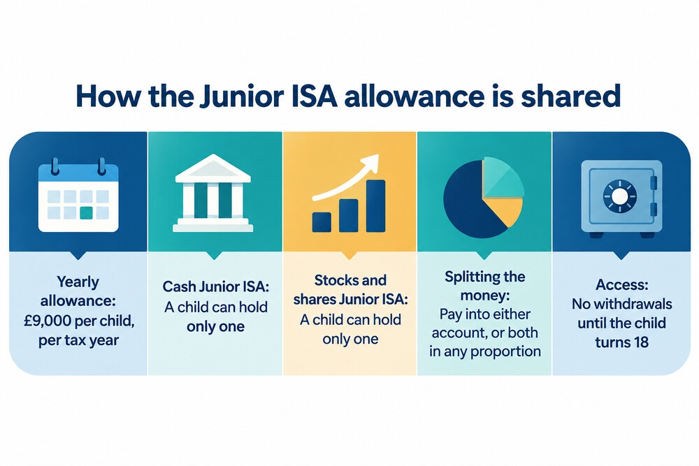 A side-by-side illustration of a cash Junior ISA and a stocks and shares Junior ISA, showing where the money sits in each
