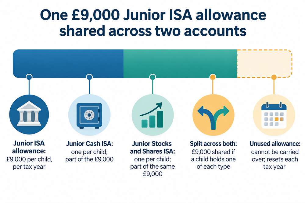 A simple diagram showing one £9,000 allowance split between a Junior Cash ISA and a Junior Stocks and Shares ISA