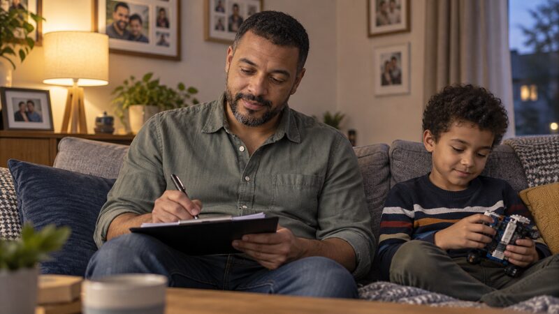 A father sits on a sofa filling in a form while his son plays beside him.