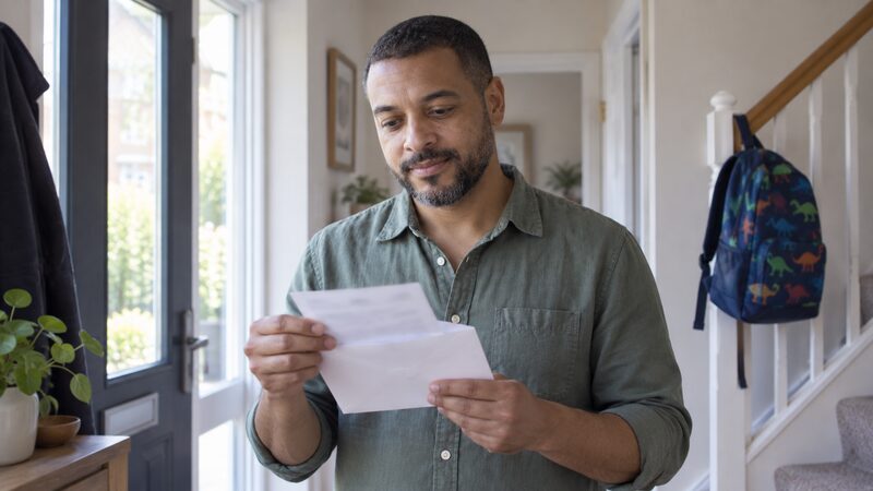 A father stands in a hallway holding an opened envelope with a letter inside.