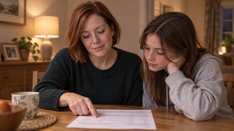 A parent and a teenager looking at a Junior ISA statement together