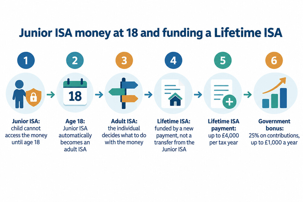 A simple flow showing a Junior ISA becoming an adult ISA at 18, with a separate payment into a Lifetime ISA