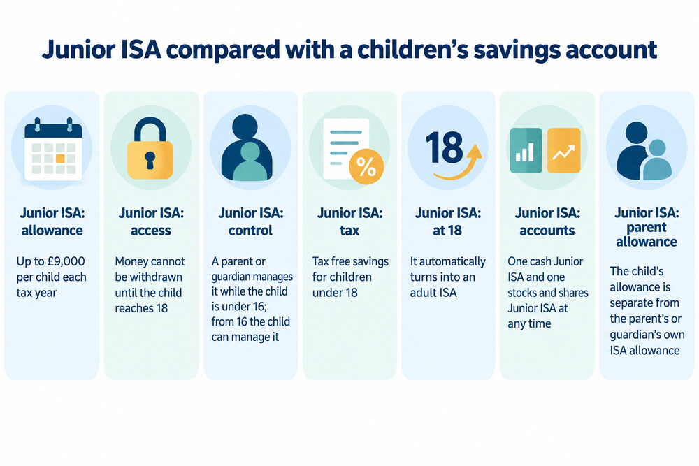 A simple comparison of a Junior ISA and a children's savings account, showing the allowance, access age and who controls the money