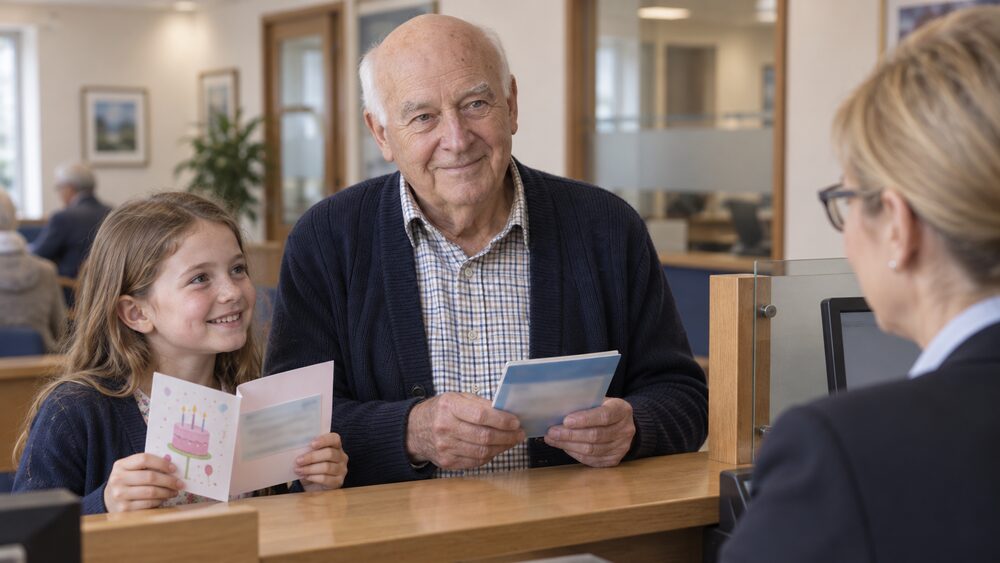 An older man and his granddaughter stand at a branch counter with a card and passbook.