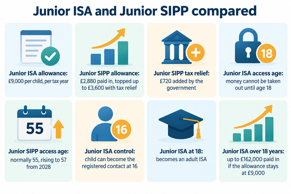 A simple side-by-side comparison of a Junior ISA and a Junior SIPP