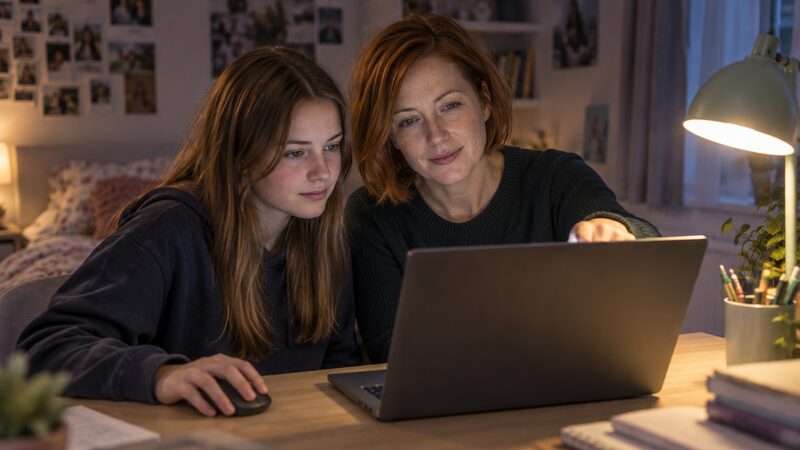 A parent and child looking at a savings account online