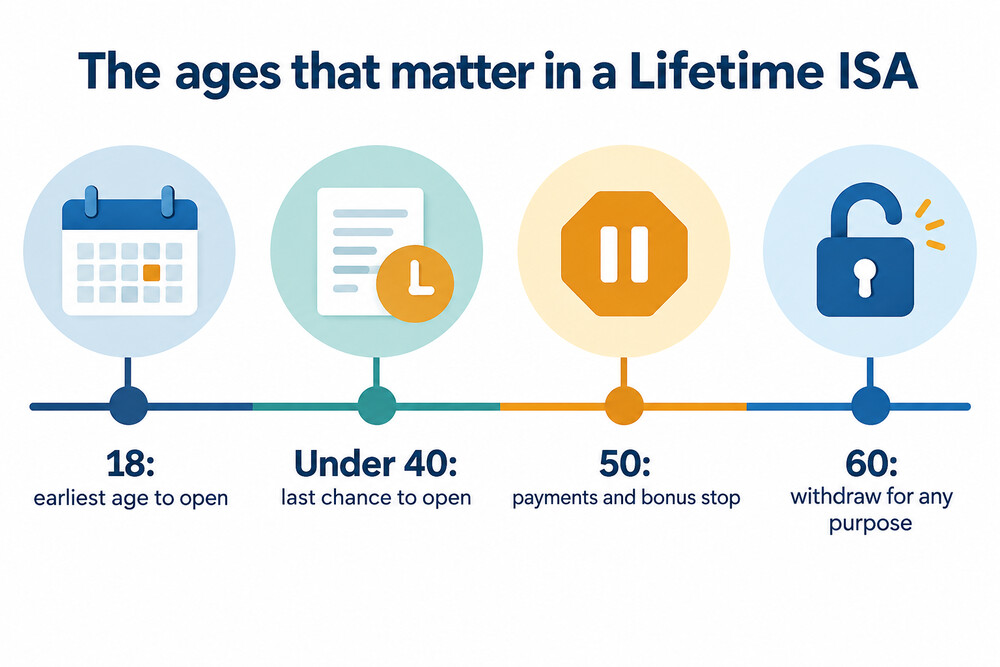 A timeline showing when a Lifetime ISA can be opened, when payments stop and when money can be withdrawn freely