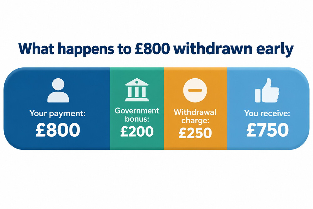A breakdown of how £800 paid into a Lifetime ISA becomes £750 after a 25% withdrawal charge