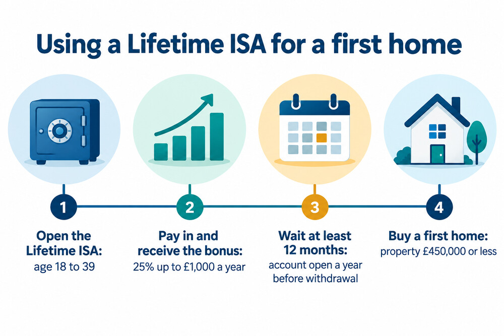 A timeline showing the 12-month rule and the £450,000 price cap for using a Lifetime ISA to buy a first home