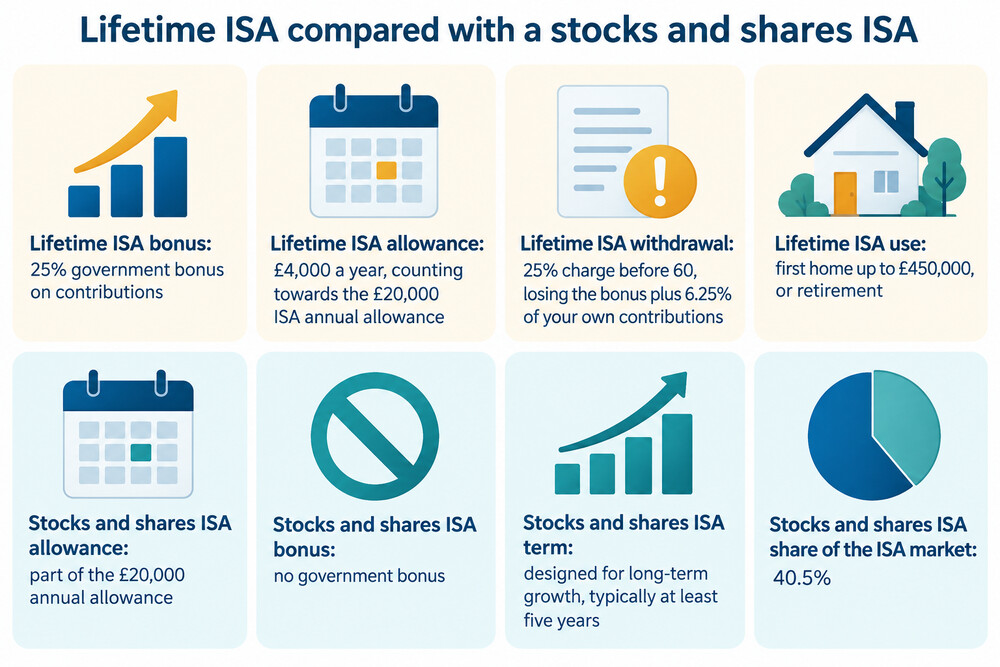 A side-by-side comparison of a Lifetime ISA and a stocks and shares ISA showing the bonus, the allowance and the withdrawal rules
