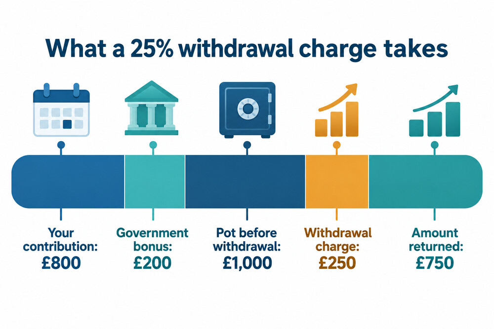 A breakdown showing how a 25% withdrawal charge on a £1,000 Lifetime ISA pot leaves £750